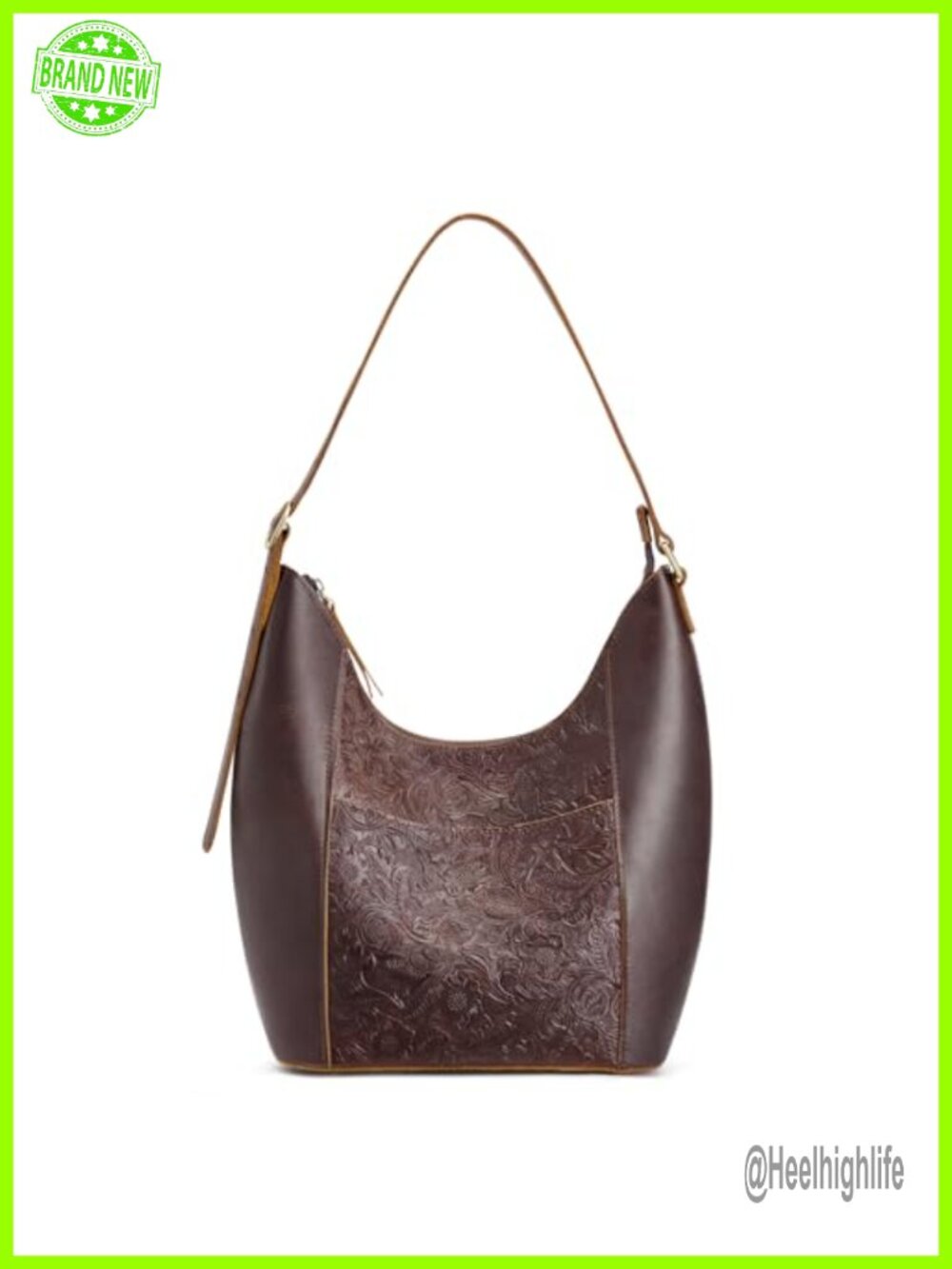 Full Grain Leather Hobo Bag Rose Pattern Adjustable Strap Multi Pocket Fits